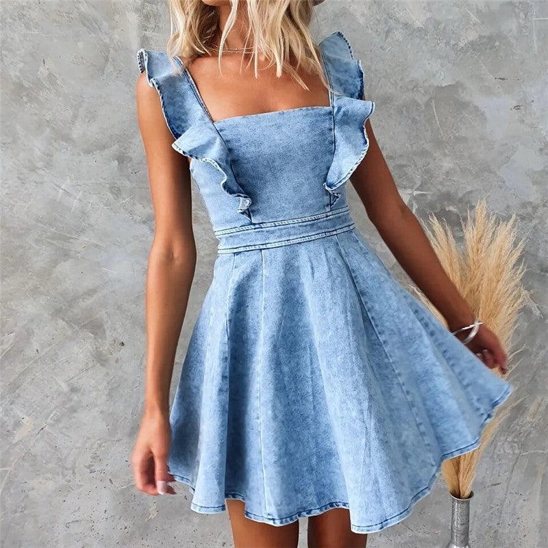 Backless Denim Mini Dress With Flutter Sleeves