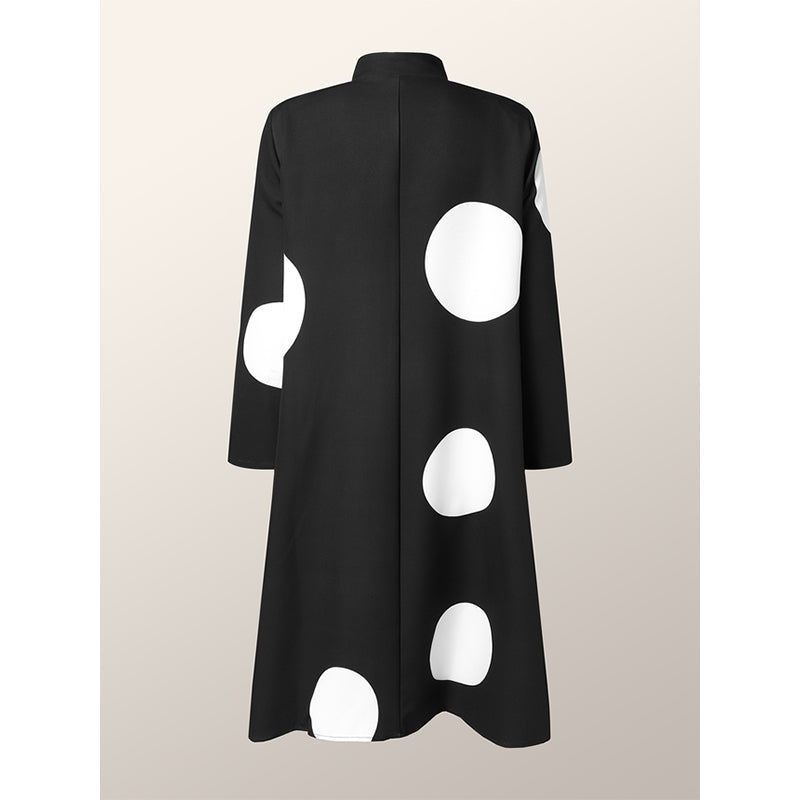 Long Sleeves Loose Asymmetric Buttoned Polka-Dot Tied Mock Neck Midi Dresses