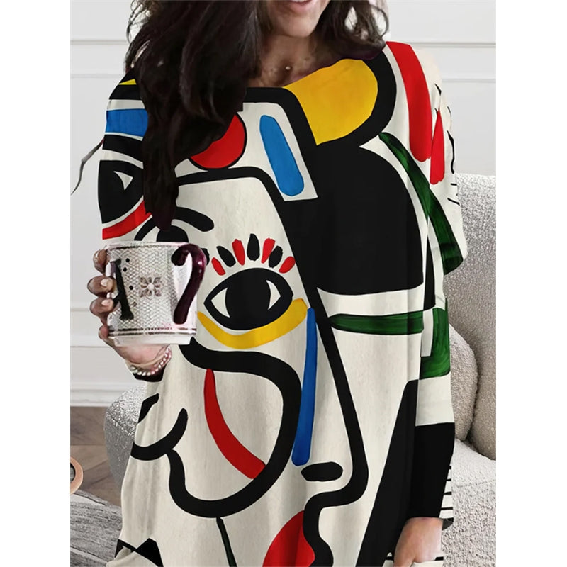Long Sleeves Loose Abstract Printed Contrast Color Figure Printed Round-neck T-Shirts Tops