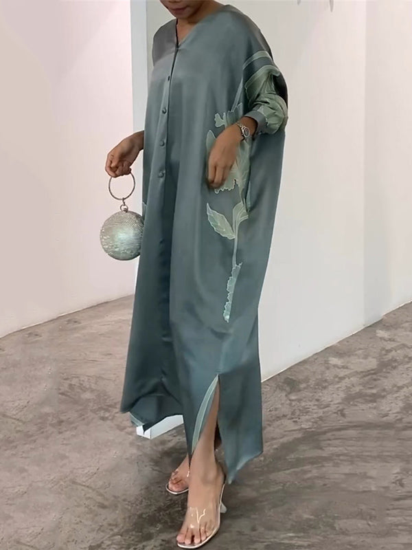 Long Sleeves Buttoned Contrast Color Flower&Leaves Print Muslim V-Neck Midi Dresses