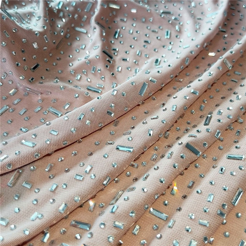 Semi-Sheer Spaghetti Strap Short Dress With Rhinestones