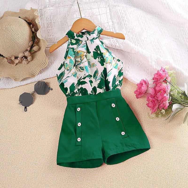 Printed Hanging Neck Top Shorts Girl's Set