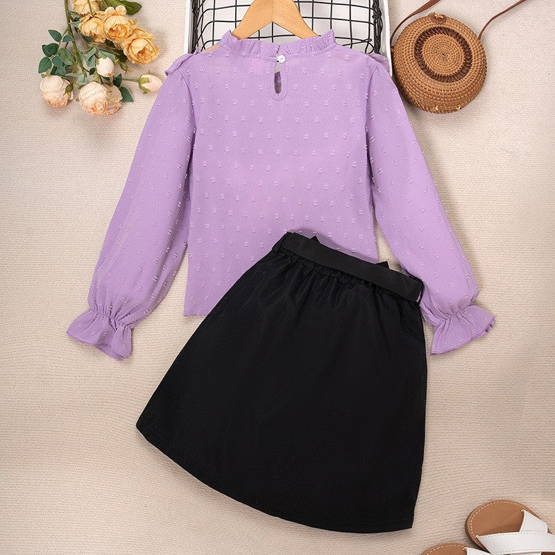 Girl's Lace Polka Dot Long Sleeve Top Half Skirt Set