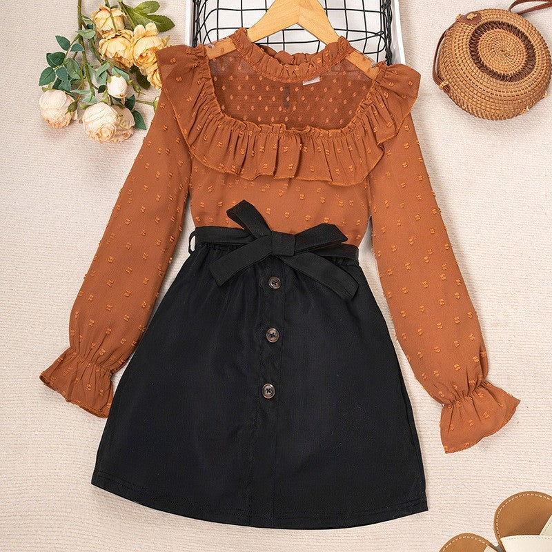 Girl's Lace Polka Dot Long Sleeve Top Half Skirt Set