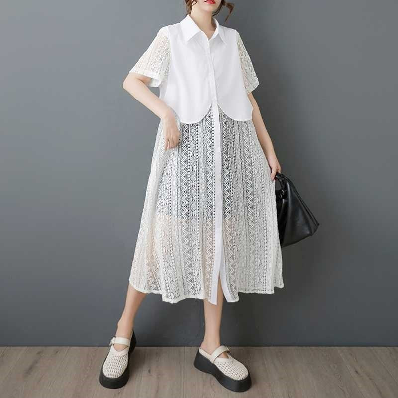Lace Trim Loose Shirt Dress