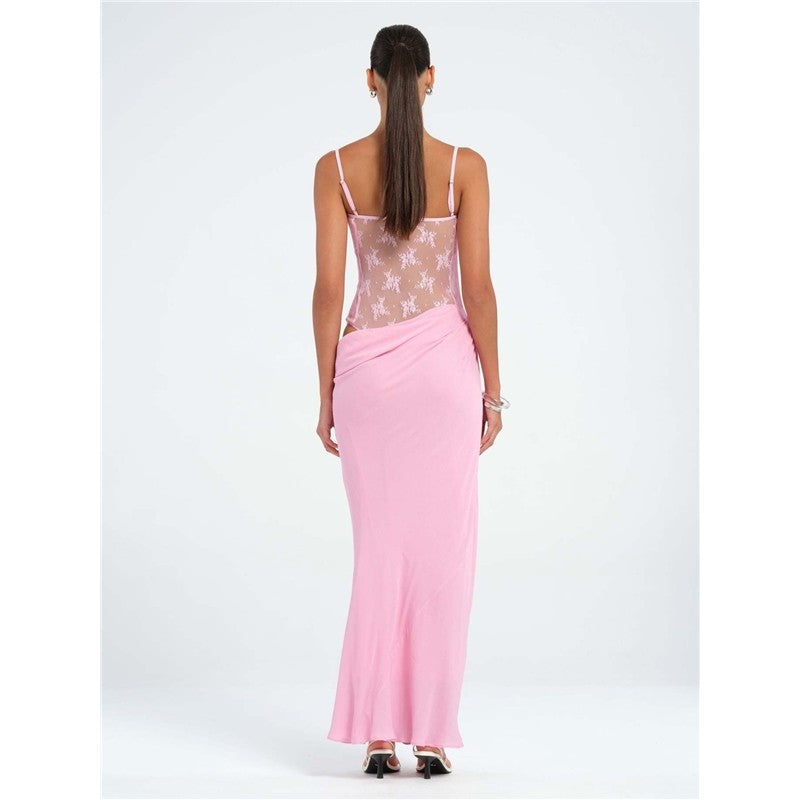 Solid Color Lace Sleeveless Bodycon Maxi Dress
