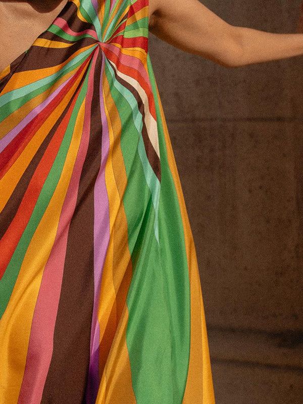 Loose Sleeveless Asymmetric Contrast Color Striped One-Shoulder Maxi Dresses
