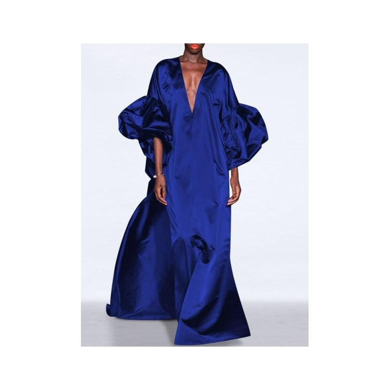 Loose Puff Sleeves Solid Color V-neck Maxi Dresses