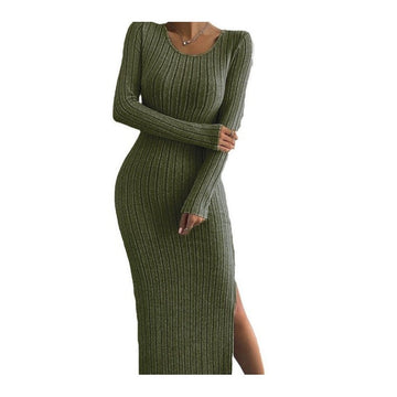 Long Sleeve Round Neck Slit Knit Maxi Dress