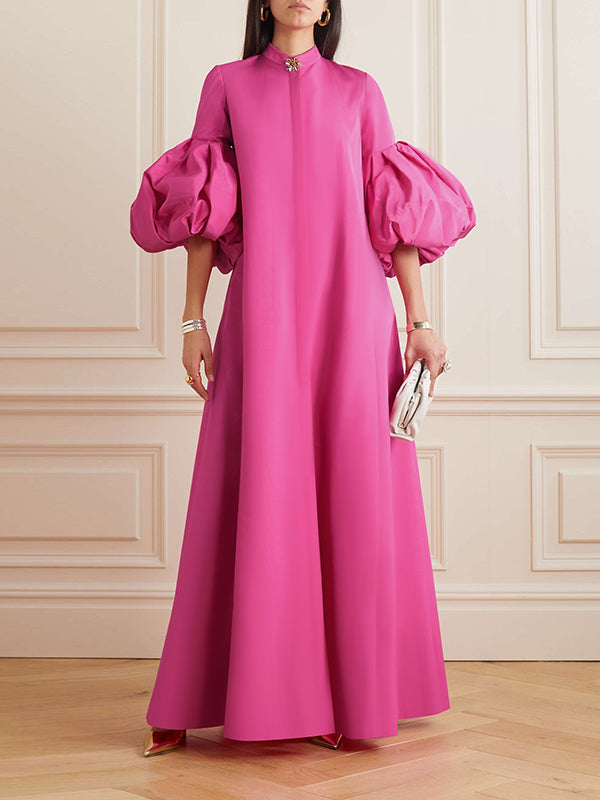 Loose Flower Shape Solid Color Stand Collar Evening Dresses Maxi Dresses