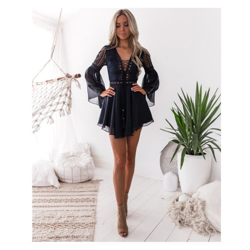Lace V Neck Tie Waist Flare Sleeve Dress