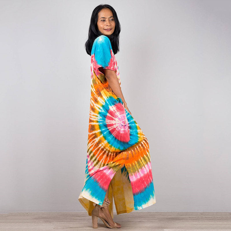 Short Sleeves Tie-Dyed Split Maxi Dress