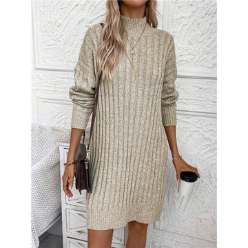 Solid Color High Neck Long Sleeve Knit Bodycon Dress