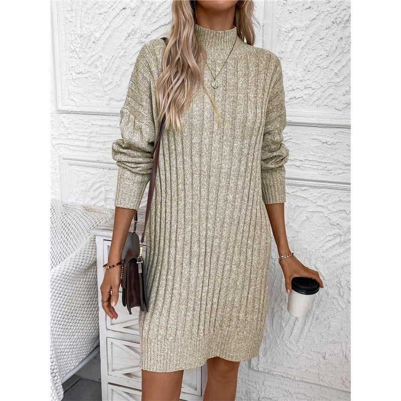 Solid Color High Neck Long Sleeve Knit Bodycon Dress