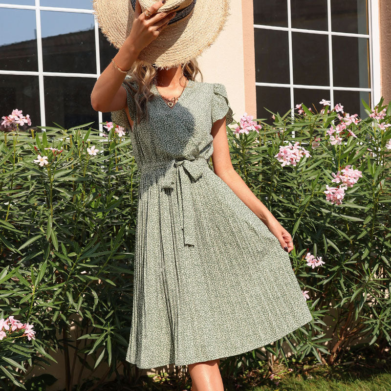 Short Sleeves Printed Wrinkled Mini Dress