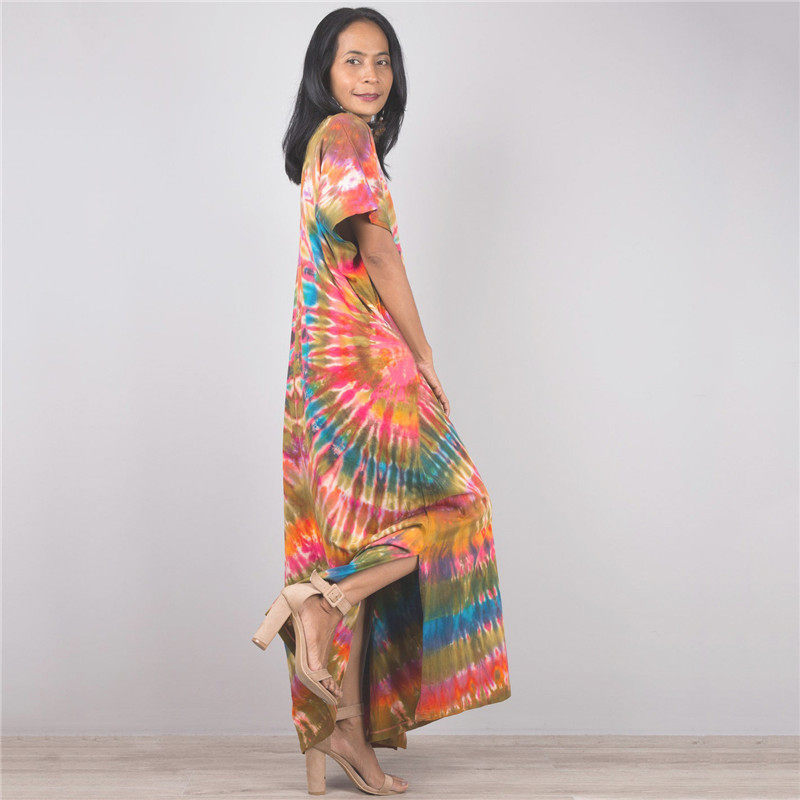 Short Sleeves Tie-Dyed Split Maxi Dress