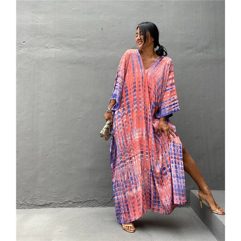 Half Sleeves V-Neck Tie-Dyed Maxi Dress