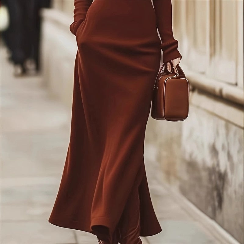 Solid Color Slim Fit High Neck Long Sleeve Dress
