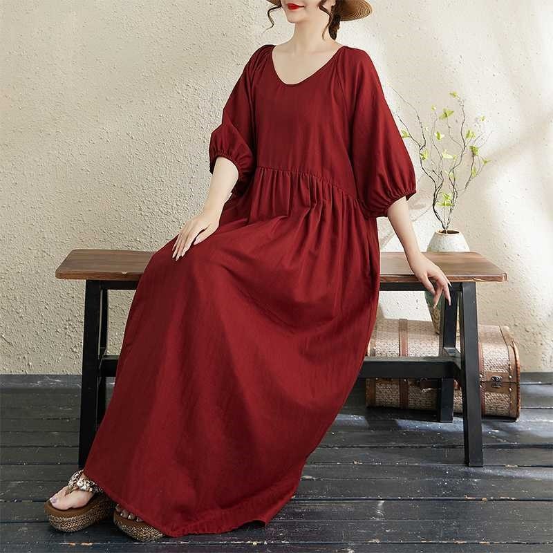 Double Gauze Round Neck Lantern Sleeve Loose Dress
