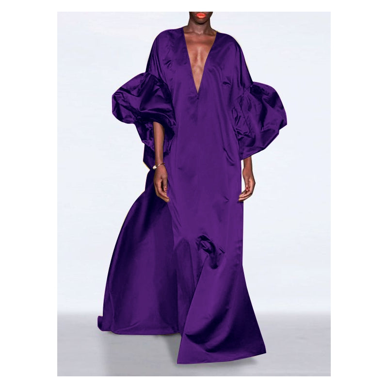 Loose Puff Sleeves Solid Color V-neck Maxi Dresses