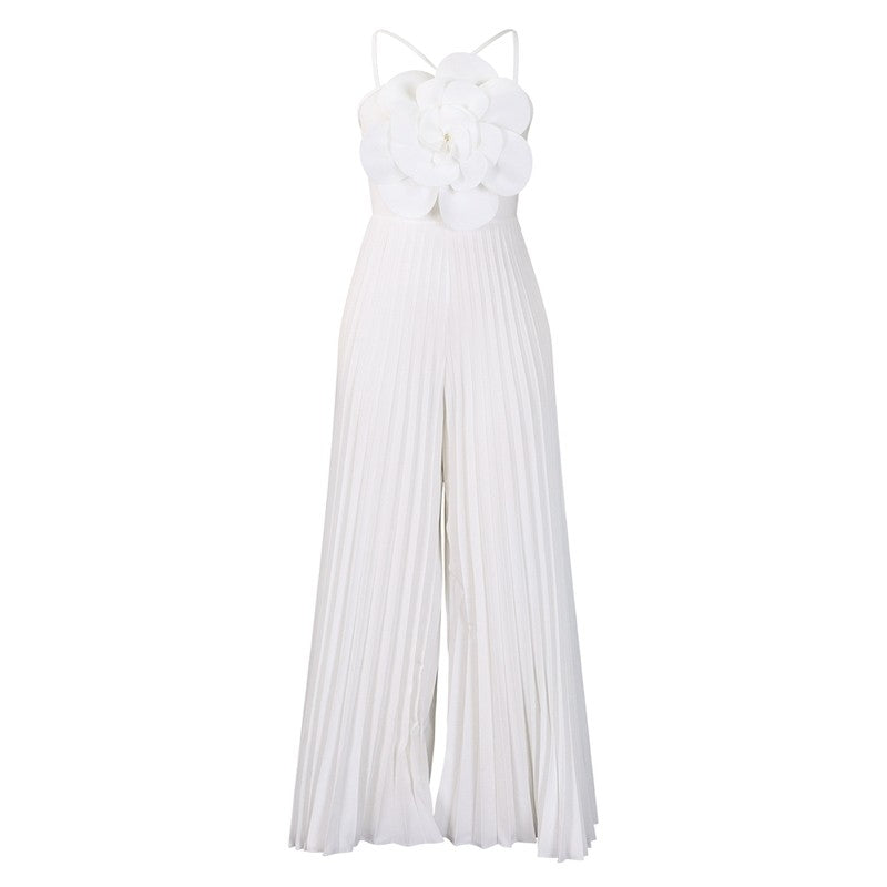 Solid Color 3D Flower Decorated Pleated Sleeveless Jumpsuit