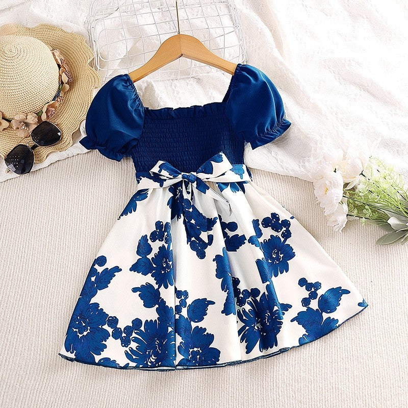 Girls Short Sleeve Printed Lace-Up Princess Dress