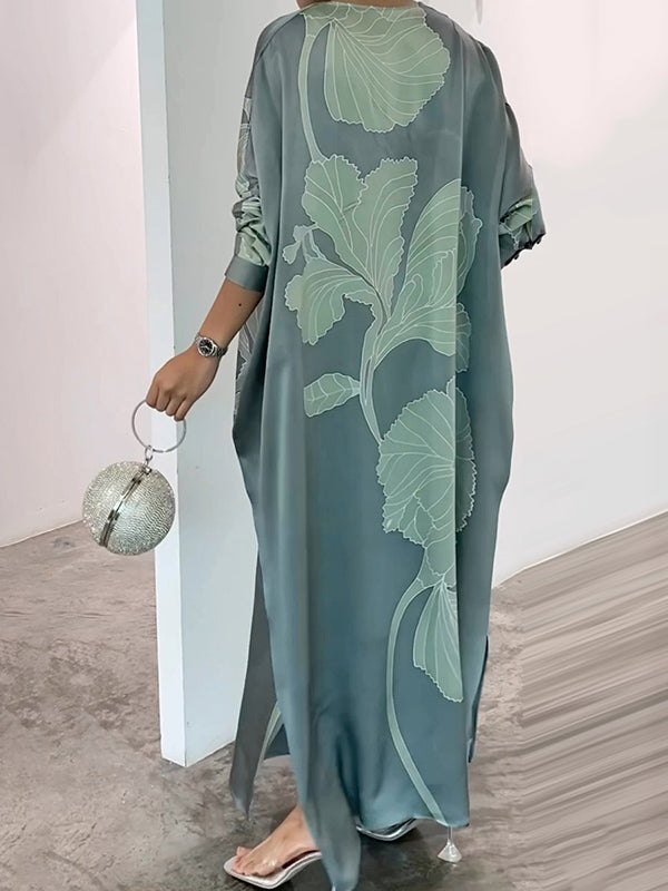 Long Sleeves Buttoned Contrast Color Flower&Leaves Print Muslim V-Neck Midi Dresses
