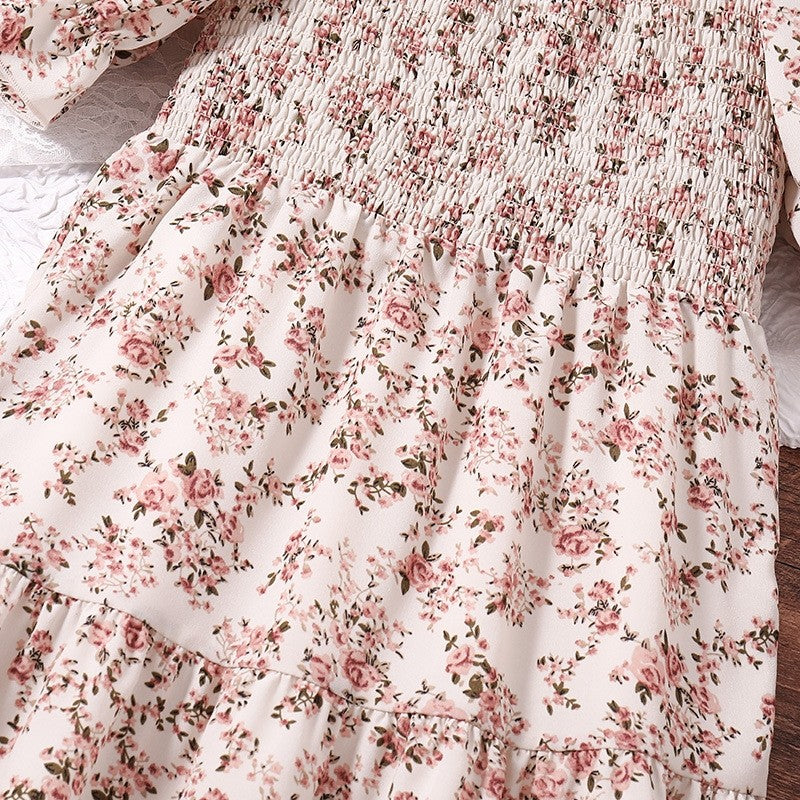 Girl's Dress With Elasticized Ruffles And Printed Flowers