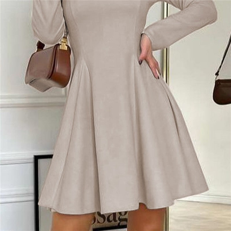 Solid Color Long Sleeve Belted Short Dress