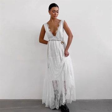Black Lace Backless V Neck A Line Dress