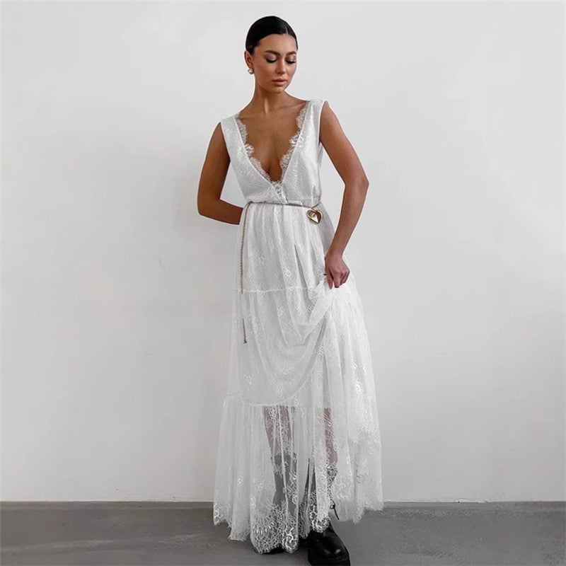 Black Lace Backless V Neck A Line Dress