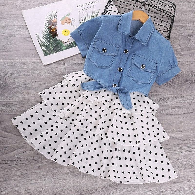 Cowboy Short Sleeve Polka Dot Dress Girl's Set