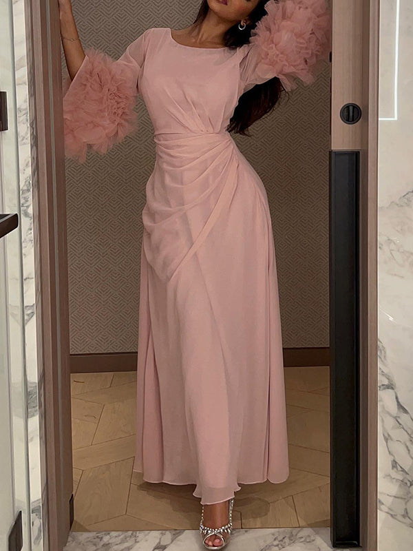 Solid Color Pleated Tied Waist Flared Sleeves Long Sleeves Maxi Dresses