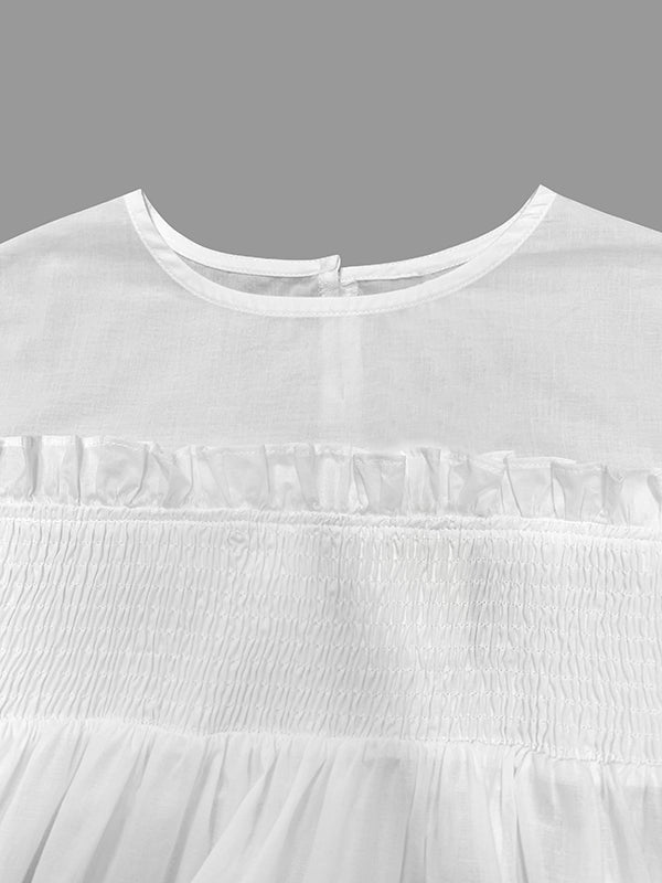 A-Line Long Sleeves Mesh Pleated Pockets See-Through Solid Color Split-Joint Round-Neck Midi Dresses