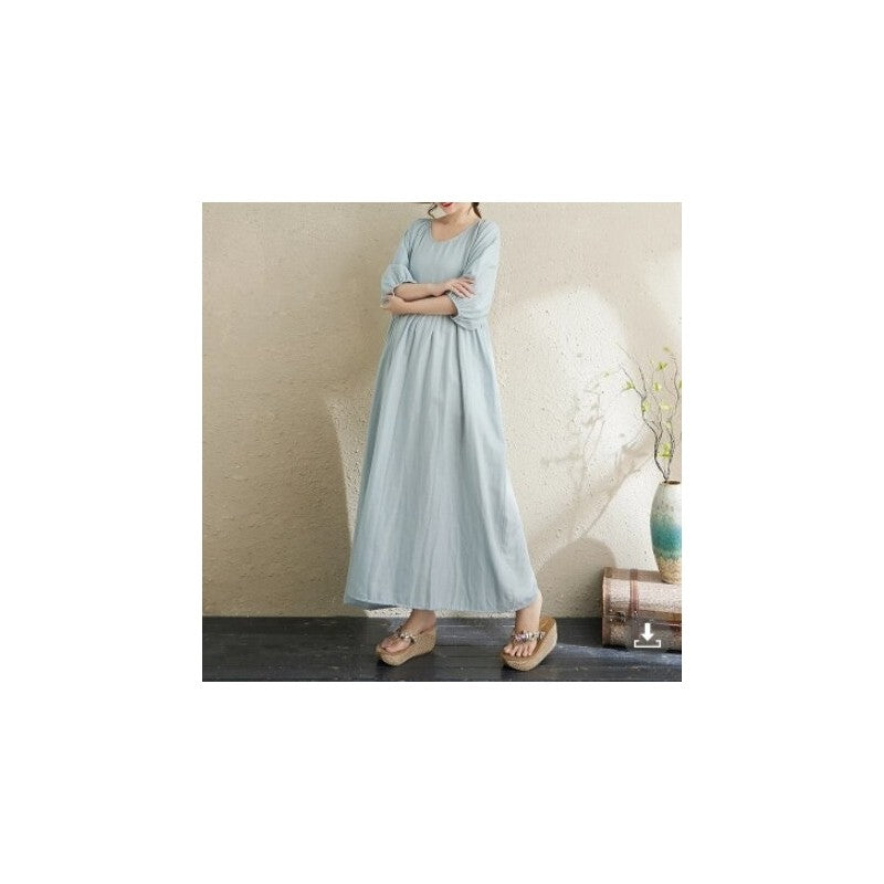 Double Gauze Round Neck Lantern Sleeve Loose Dress