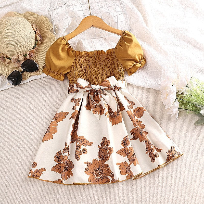 Girls Short Sleeve Printed Lace-Up Princess Dress