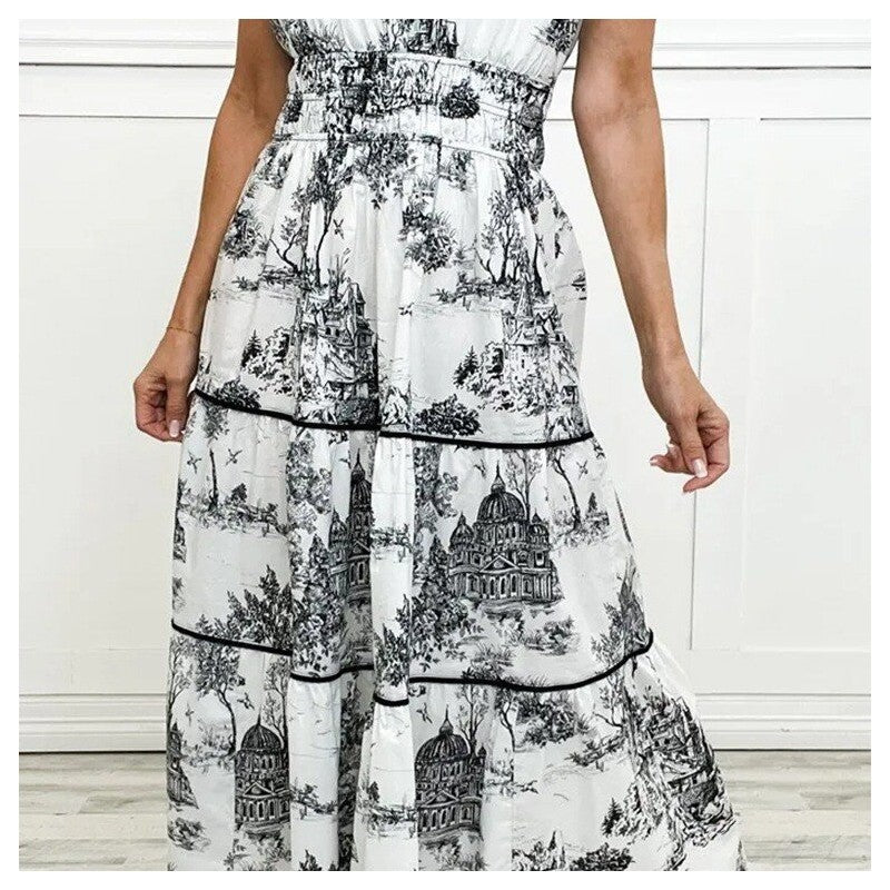 Floral Print Long Sleeveless Stretch Waist Dress