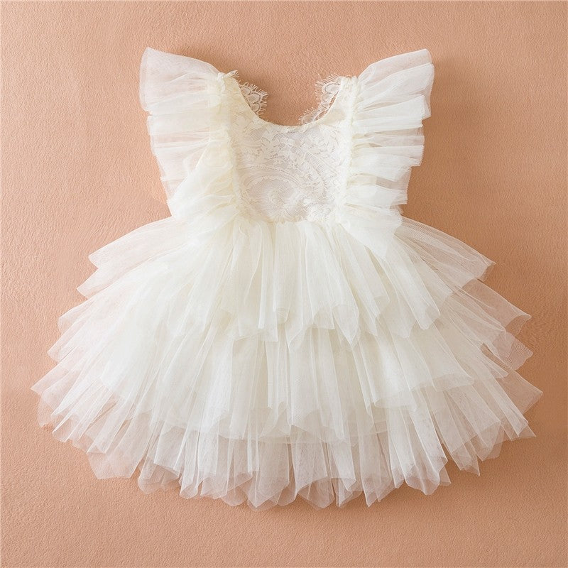 Girls' Solid Color Lace Embroidered Tulle Princess Dress