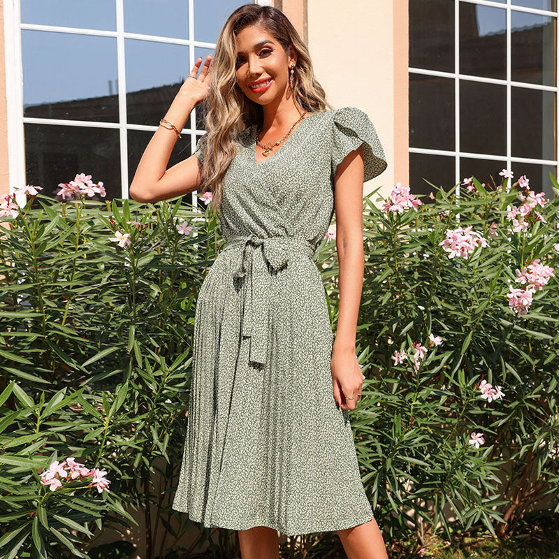 Short Sleeves Printed Wrinkled Mini Dress
