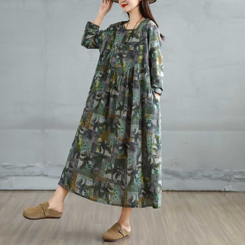 Round Neck Loose Print Long Sleeve A Line Dress
