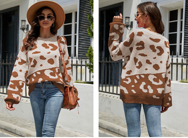 Fashion Round Neck Leopard Knitted Pullover Sweaters
