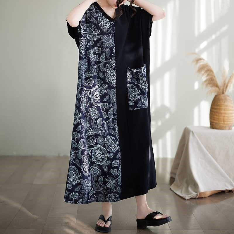 V-Neck Short Sleeve Color Block Maxi Dress