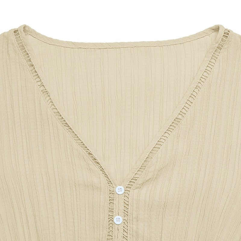Solid V-Neck Textured Long Sleeve Dress