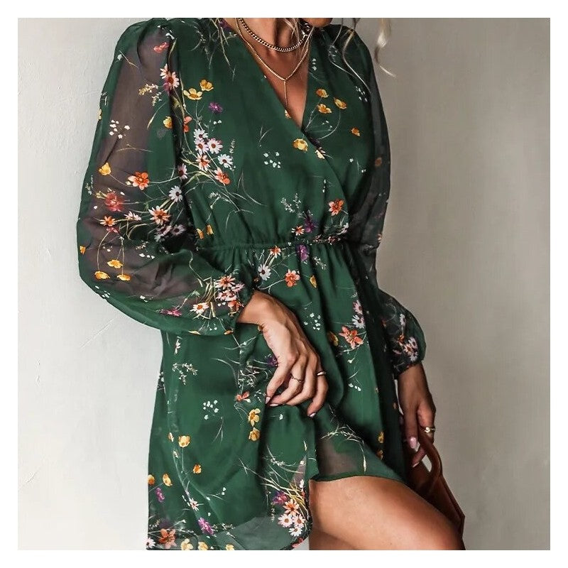 V-Neck Long Sleeve Floral Short Dress