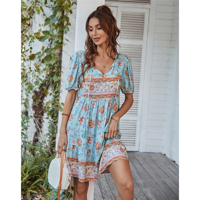 Short Sleeve V-Neck Printed Dress