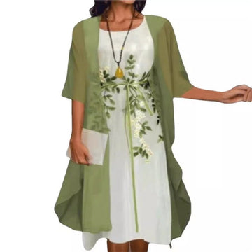 Solid Color Embroidered Cardigan Dress Two Piece Set