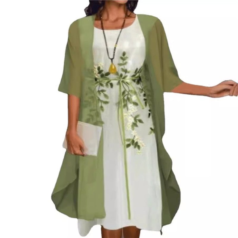 Solid Color Embroidered Cardigan Dress Two Piece Set