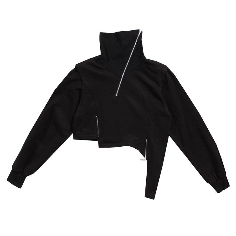 Solid Color Short Zip High Neck Asym Hem Slim Fit Sweatshirt