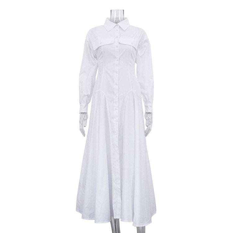 Pleated Button Down Collar Long Sleeve Shirt Dress