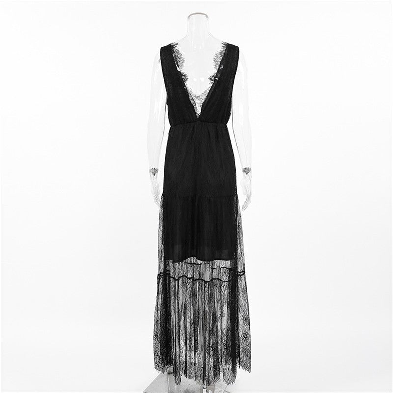 Black Lace Backless V Neck A Line Dress